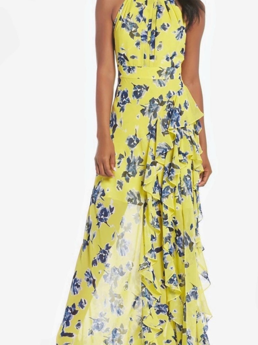 NWOT Eliza J Halter Ruffle Maxi Dress Floral Maxi Dress in Yellow